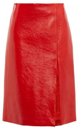 Front Slit Cracked Patent Leather Skirt - Womens - Red