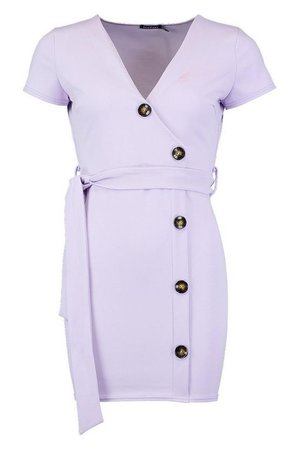 Petite Horn Button Belted Wrap Dress | Boohoo lilac