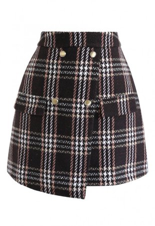 Plaid Print Flap Wool-Blend Mini Skirt in Brown - NEW ARRIVALS - Retro, Indie and Unique Fashion
