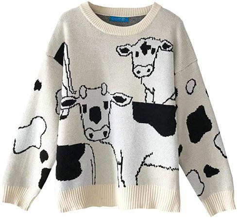 Vintage Casual Loose Lazy Cow Print Thick Sweater Female Harajuku Women's Sweaters Japanese Kawaii Cute Pullover (White, OneSize) at Amazon Women’s Clothing store