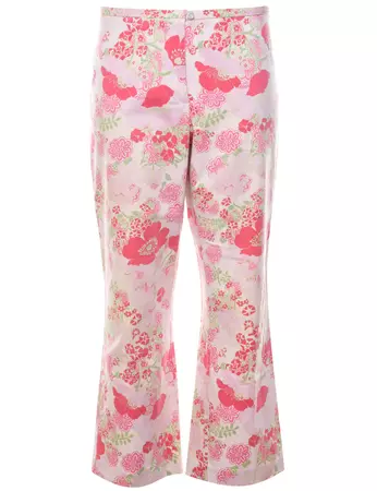Women's Floral Print Light Green & Pink Y2K Flared Trousers Pink, M | Beyond Retro - E00908150