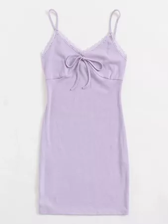 Knot Front Lace Detail Bodycon Dress | SHEIN USA lilac