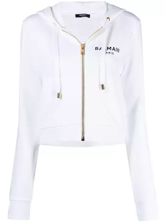 Shop Balmain cropped logo print hooded jacket with Express Delivery - FARFETCH