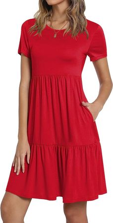 TAOHUADAO Women's 2023 Summer Casual Tshirt Dresses Short Sleeve Ruffle Swing Dress with Pockets Medium, Red at Amazon Women’s Clothing store