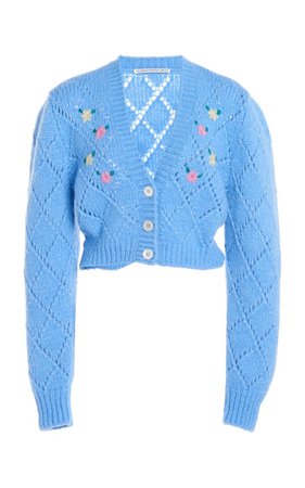 Alessandra Rich Floral-Embroidered Alpaca-Blend Cropped Cardigan