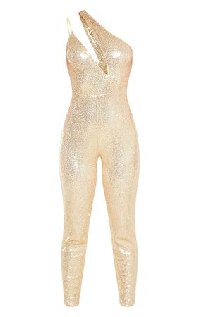 Gold Sequin Asymmetric Slim Leg Jumpsuit | PrettyLittleThing USA