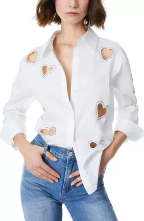 Alice + Olivia Crystal Heart Cutout Detail Cotton Blend Button-Up Shirt | Nordstrom