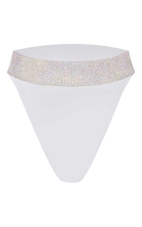 Premium White Diamante High Leg Pool Party Bottom | PrettyLittleThing