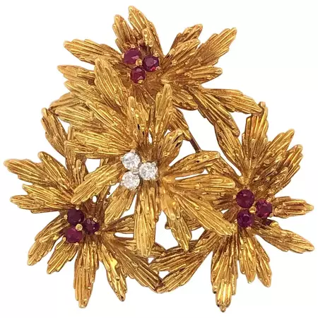 Tiffany and Co. Ruby Diamond Floral Cluster 18 Karat Yellow Gold Brooch Pin For Sale at 1stDibs | floral brooch pin, cluster 22, vintage tiffany brooches