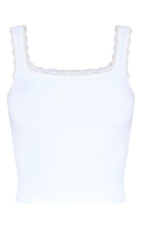 White Rib Lace Trim Vest | Tops | PrettyLittleThing
