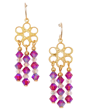 Pink Crystal Chandelier Earrings, Filigree Fuchsia