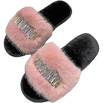 Amazon.com | TIUKEY Bling fuzzy womens slippers with RhineStone Indoor/Outdoor Cute Cozy open toe Slippers for Womens Comfy Fluffy house Shoes Slip On Pink, adult, Size10 | Shoes