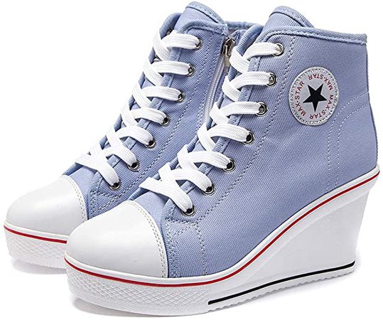 Amazon.com | Nesyd Women's Sneaker High-Heeled Canvas Shoes High-Top Wedge Sneakers Platform Lace up Side Zipper Pump Fashion Sneakers (9 B(M) US, Blue) | Fashion Sneakers