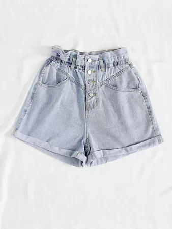 Paperbag Waist Button Front Denim Shorts | SHEIN USA blue