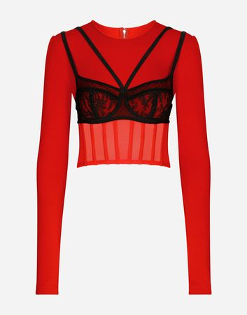 Milano rib top with contrasting bra detail in Red for Women | Dolce&Gabbana®