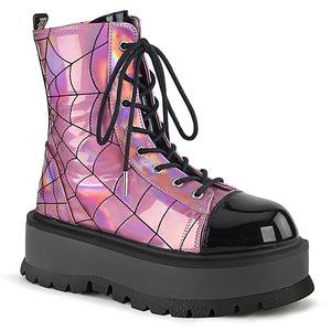 Demonia Pink Hologram Vegan Leather Lace-Up Front Ankle Boot