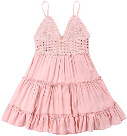 ZAFUL Women's Crochet Spaghetti Straps Summer Dress High Waisted Flare A Line Mini Dress(Pink-S) at Amazon Women’s Clothing store