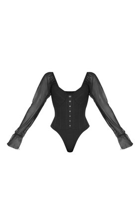 Black Rib Mesh Sleeve Bodysuit | Tops | PrettyLittleThing USA