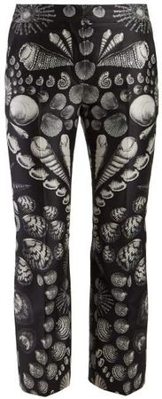 Shell Print Wool Blend Satin Twill Trousers - Womens - Black White