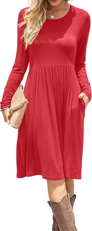 DB MOON Women Casual Long Sleeve Dresses Empire Waist Knee Length Loose Dress with Pockets at Amazon Women’s Clothing store