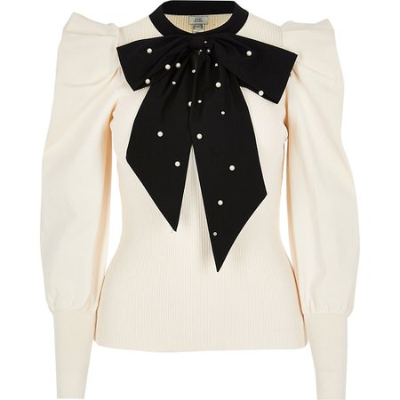 Cream long sleeve embellished bow top | River Island