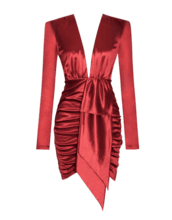 Deep Red V Square Shoulder Stretch Satin Long Sleeve Mini dress – Gold Mine Boutique