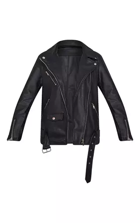 Black Oversized Faux Leather Zip Biker Jacket | PrettyLittleThing USA