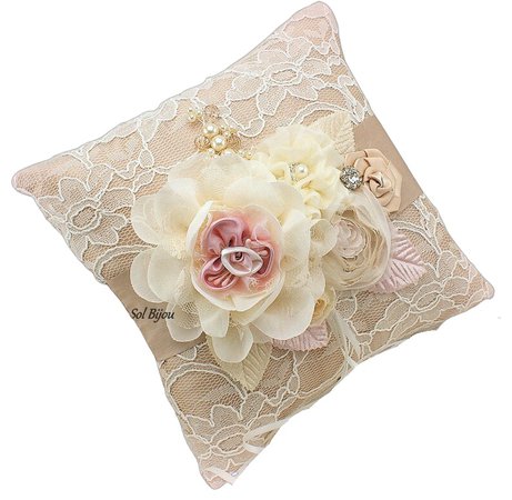 Ring Bearer Pillow, Champagne, Tan, Beige, Blush, Pink, Ivory, Vintage Style, Bridal, Elegant Wedding, Lace, Pearls, Crystals, Brooch