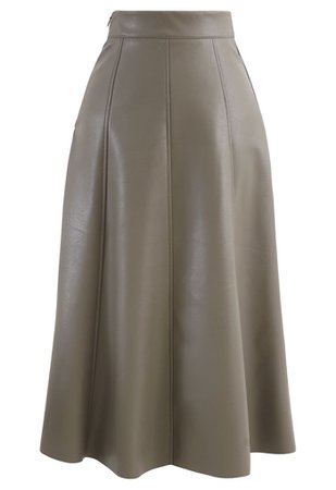 Soft Faux Leather Seamed A-Line Skirt in Taupe - Retro, Indie and Unique Fashion