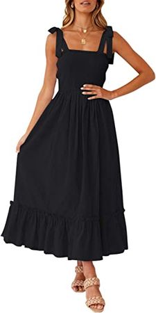 ZESICA Women's Summer Boho Spaghetti Strap Square Neck Solid Color Ruffle A Line Beach Long Maxi Dress at Amazon Women’s Clothing store