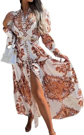 Office V Neck Split Shirt Party Dress Spring Printed Long Sleeve Vintage Casual Long Sleeved Dress at Amazon Women’s Clothing store