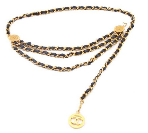 Chanel Gold and Black Leather Woven Belt Chain
