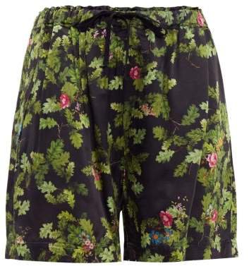 Isabel Leaf Print Satin Shorts - Womens - Black Green