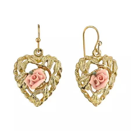 1928 Porcelain Rose Openwork Heart Drop Earrings