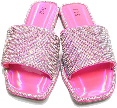 Amazon.com | H2K Womens Glitter Bling Jewel Stone Fancy Slide Flat Low Wedge Sandals Shoes Dream (7 B(M) US, Rose Gold) | Slides