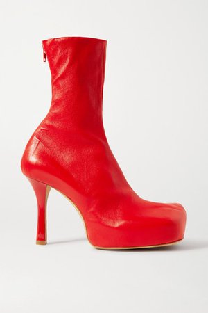 Leather Platform Ankle Boots - Red