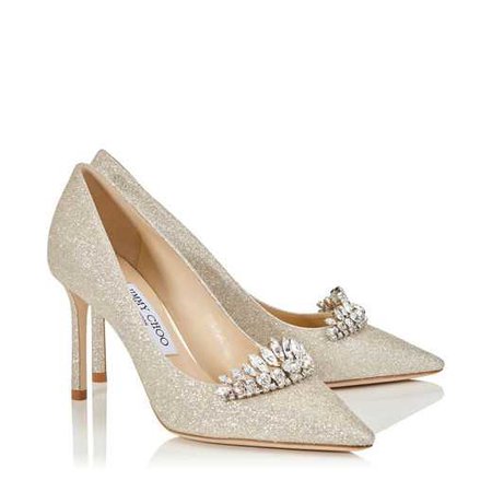 Platinum Ice Dusty Glitter Pointy Toe Pumps with Crystal Tiara | Romy 85 | CR18 | JIMMY CHOO