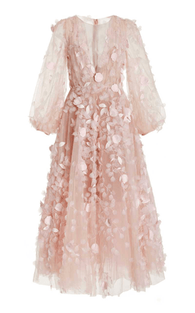 Marchesa Petal-Embroidered Tulle Midi Dress