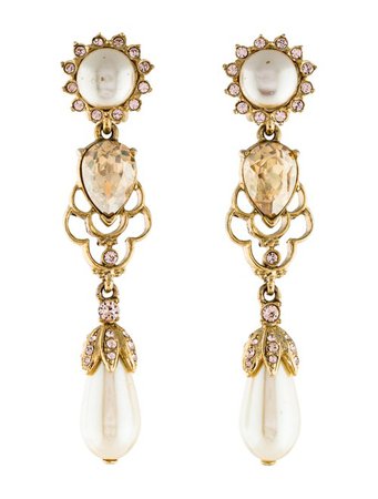 Oscar de la Renta Faux Pearl & Crystal Drop Clip-On Earrings - Earrings - OSC65627 | The RealReal