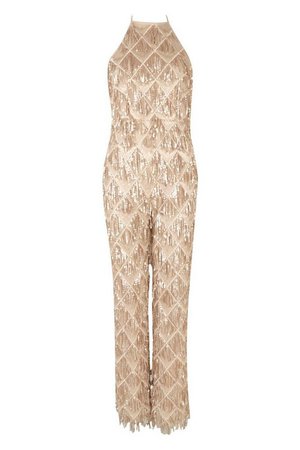 All Over Sequin Low Back Jumpsuit | Boohoo