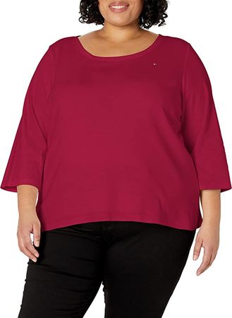 Tommy Hilfiger Plus Size Women's 3/4 Sleeve Tee, Fiery Crimson, 0X at Amazon Women’s Clothing store