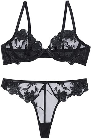 Amazon.com: ADSEXY Women's Lace Lingerie Set Chinese Embroidery Sheer Underwire Floral See Through Bra and Panty 2 Piece Push Up Black: Clothing, Shoes & Jewelry