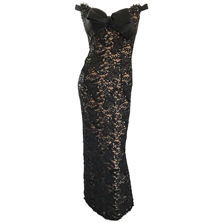 Vintage Size 8 Bob Mackie Black Lace Sequin 1990s 90s Evening Off Shoulder Gown For Sale at 1stdibs