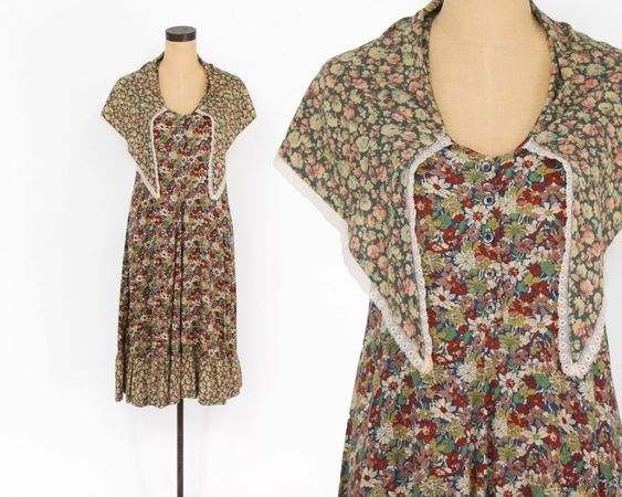 70s Floral Peasant Dress Boho Dress Autumn Print Dress | Etsy