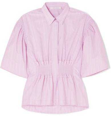 Shirred Striped Cotton-poplin Shirt - Pink