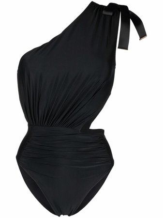 Shop black Self-Portrait one-shoulder pleated swimsuit with Express Delivery - Farfetch