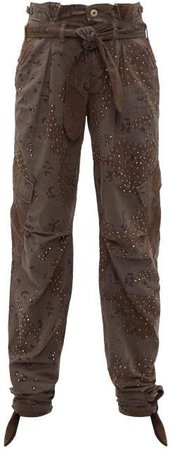 Camouflage Print Crystal Stud Paperbag Trousers - Womens - Khaki