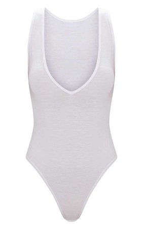 Basic White Jersey Plunge Neck Thong Bodysuit | PrettyLittleThing