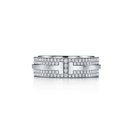Tiffany T two ring in 18k white gold with pavé diamonds. | Tiffany & Co.
