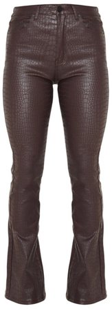 Prettylittlething Chocolate Brown Croc Coated Denim Flared Jeans